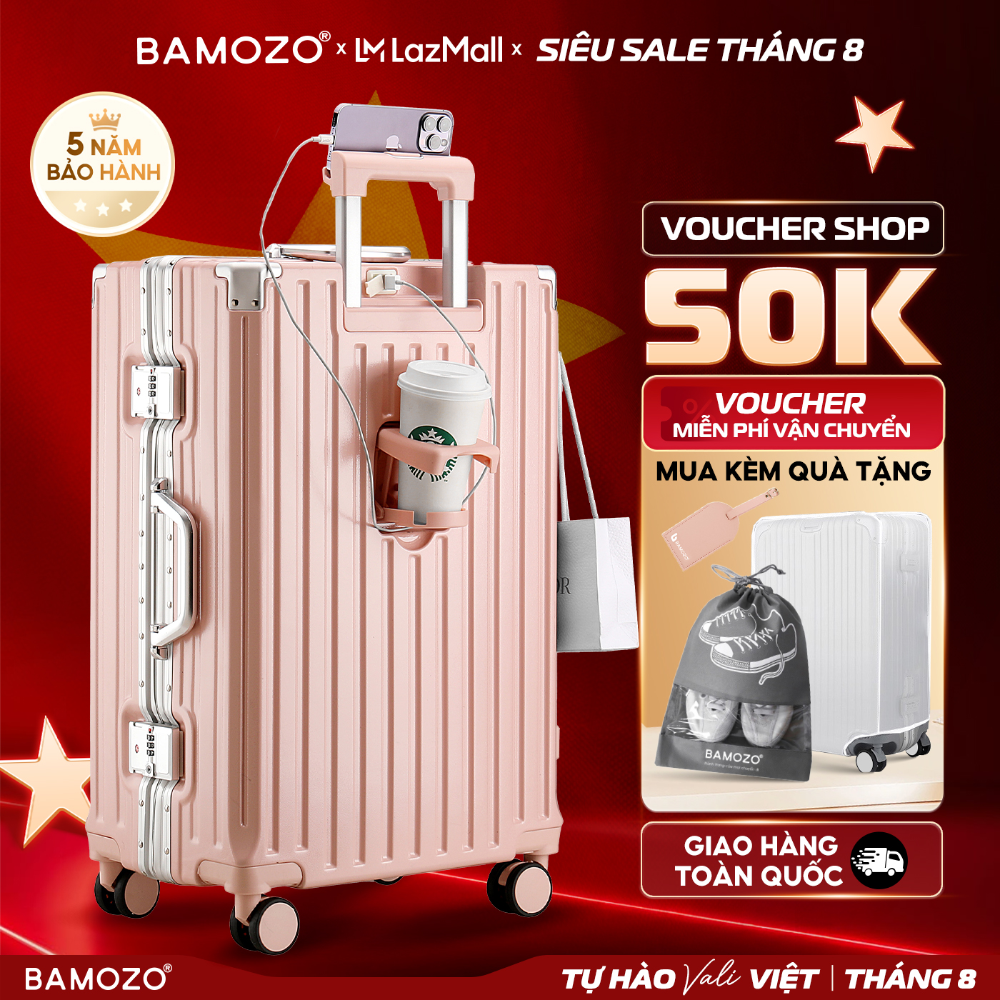 Vali Du Lịch Khung Nhôm Chống Trộm Cao Cấp Bamozo 9066 Size 24 Bịt 4 Góc Chống Va Đập Bảo Hành 5 Năm