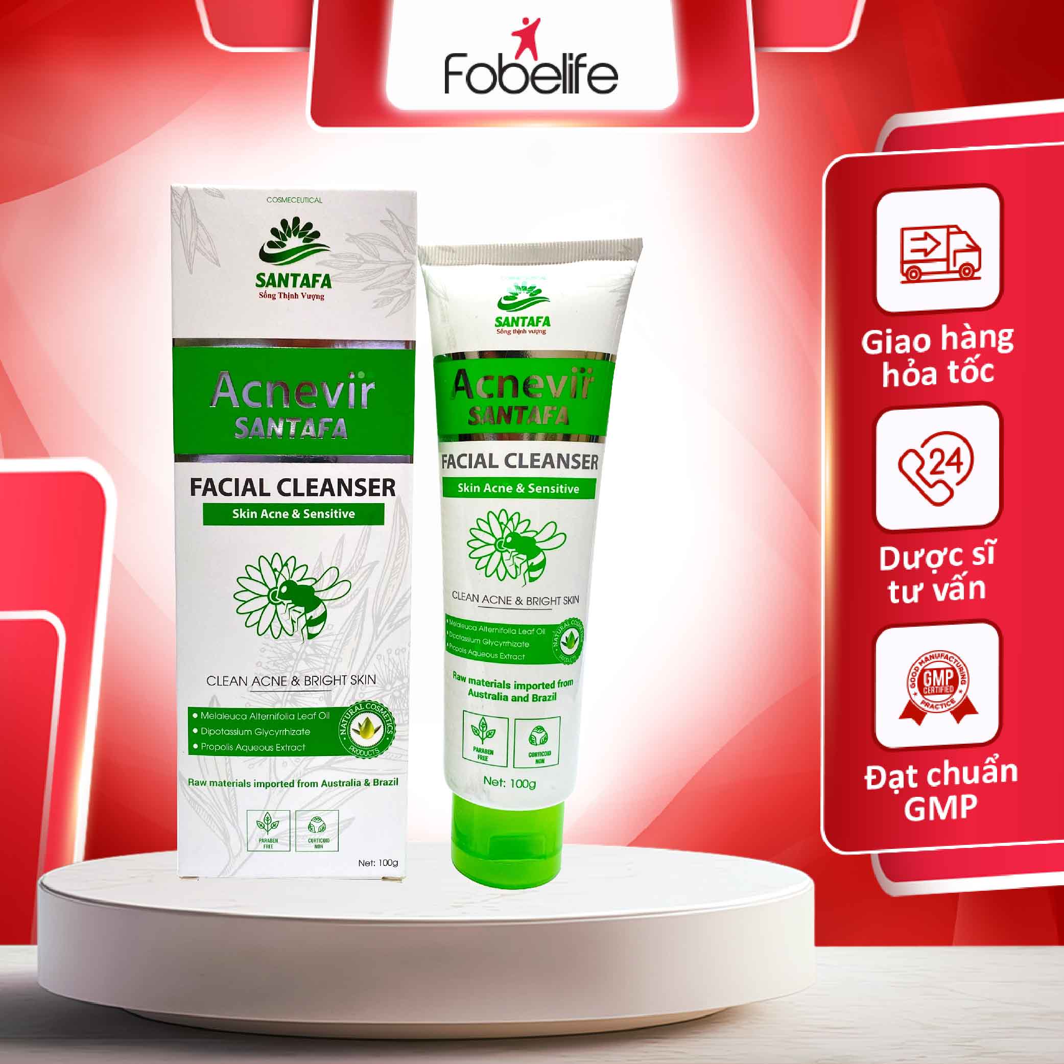 Sữa Rửa Mặt SANTAFA Cho Da Mụn Làm Sạch Da Từ Sâu Bên Trong Chiết Xuất Keo Ong Xanh- Tuýp 100gr