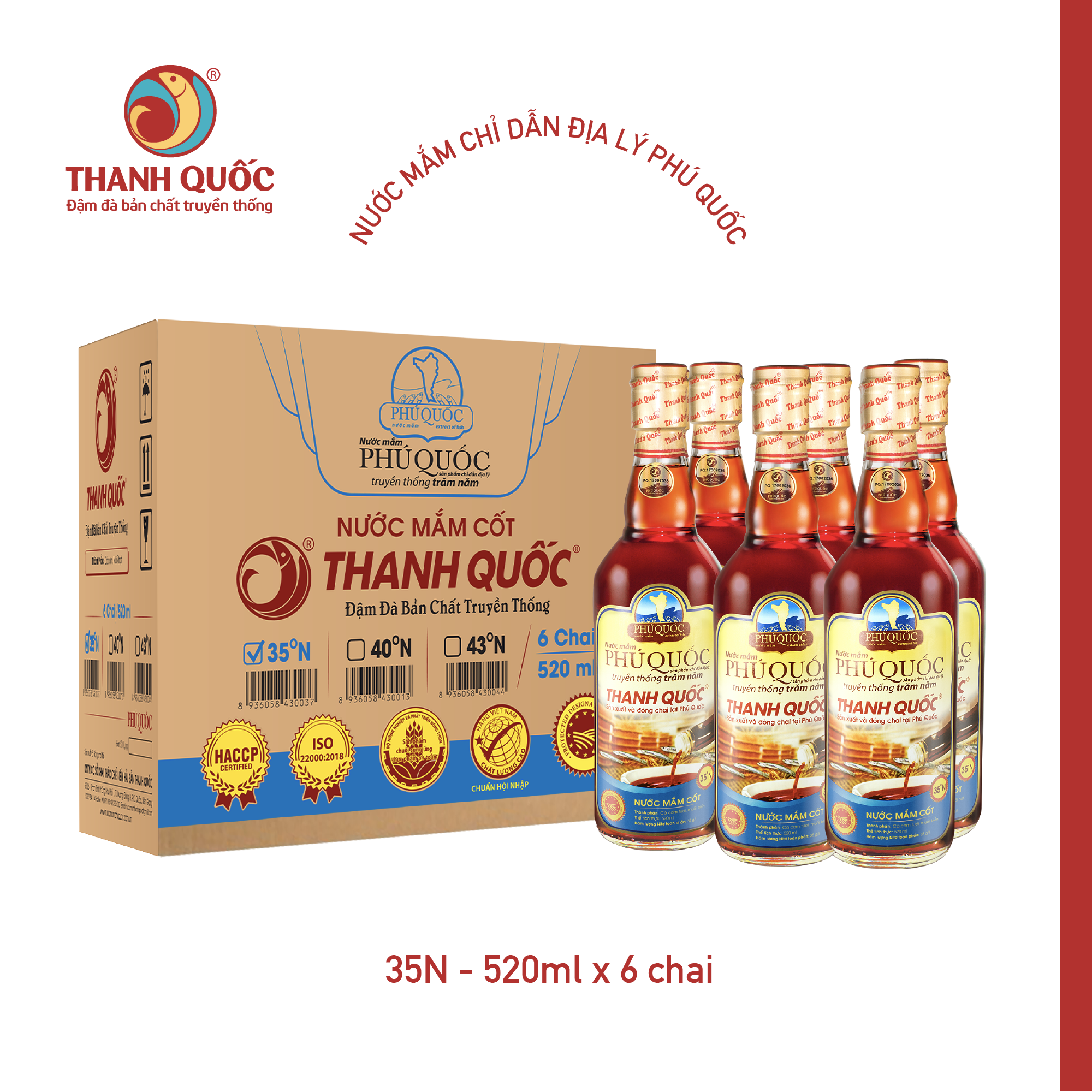 Nước mắm thanh quốc phú quốc 35/40/43 độ đạm thùng 6 chai 520ml thủy tinh
