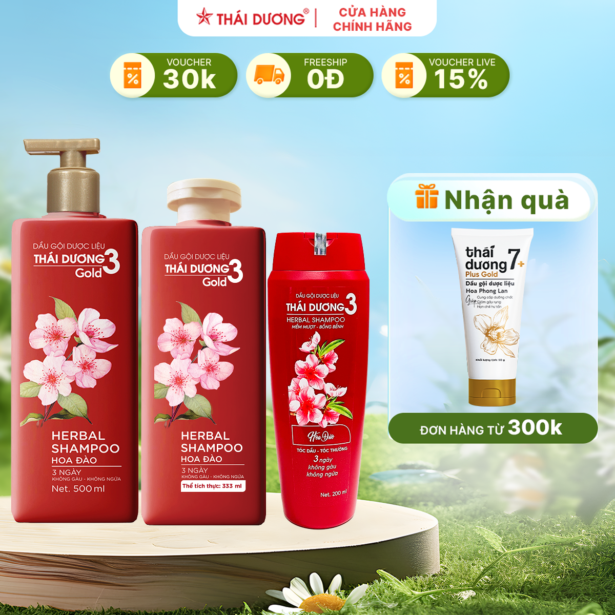 Dầu Gội Dược Liệu Thái Dương 3 Gold hương Hoa Đào 200ML/330ML/500ML - Sao Thái Dương