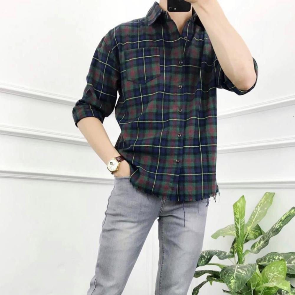 Áo sơ mi nam dài tay phối caro không lai mẫu  kt8555 thời trang AURORA PLAZA Chất liệu thấm hút mồ hôi tốt