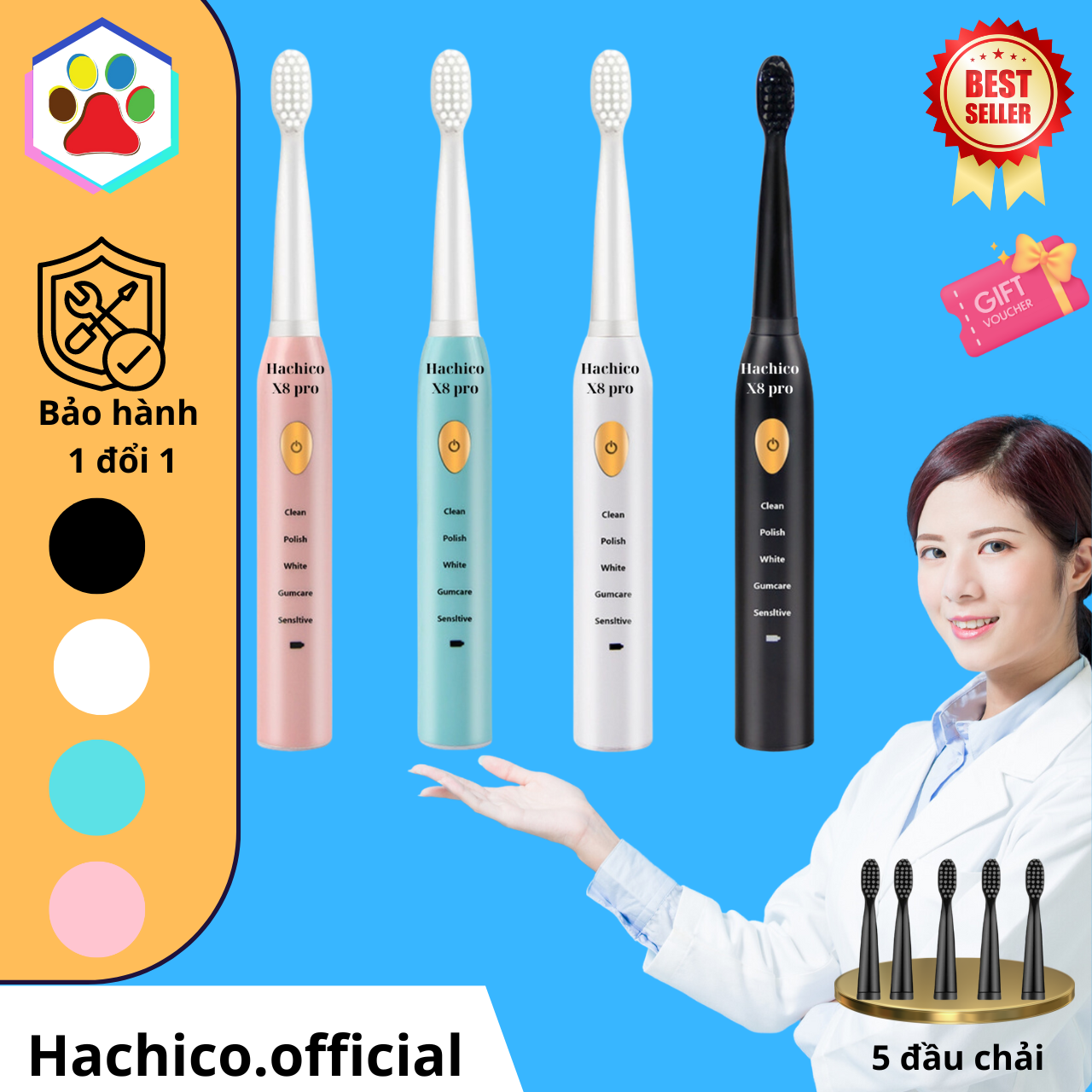 Bàn chải điện Sonic X8 với 5 chế độ chải răng giúp chăm sóc và làm trắnng răng toàn diện theo tiêu chuẩn Hoa Kỳ