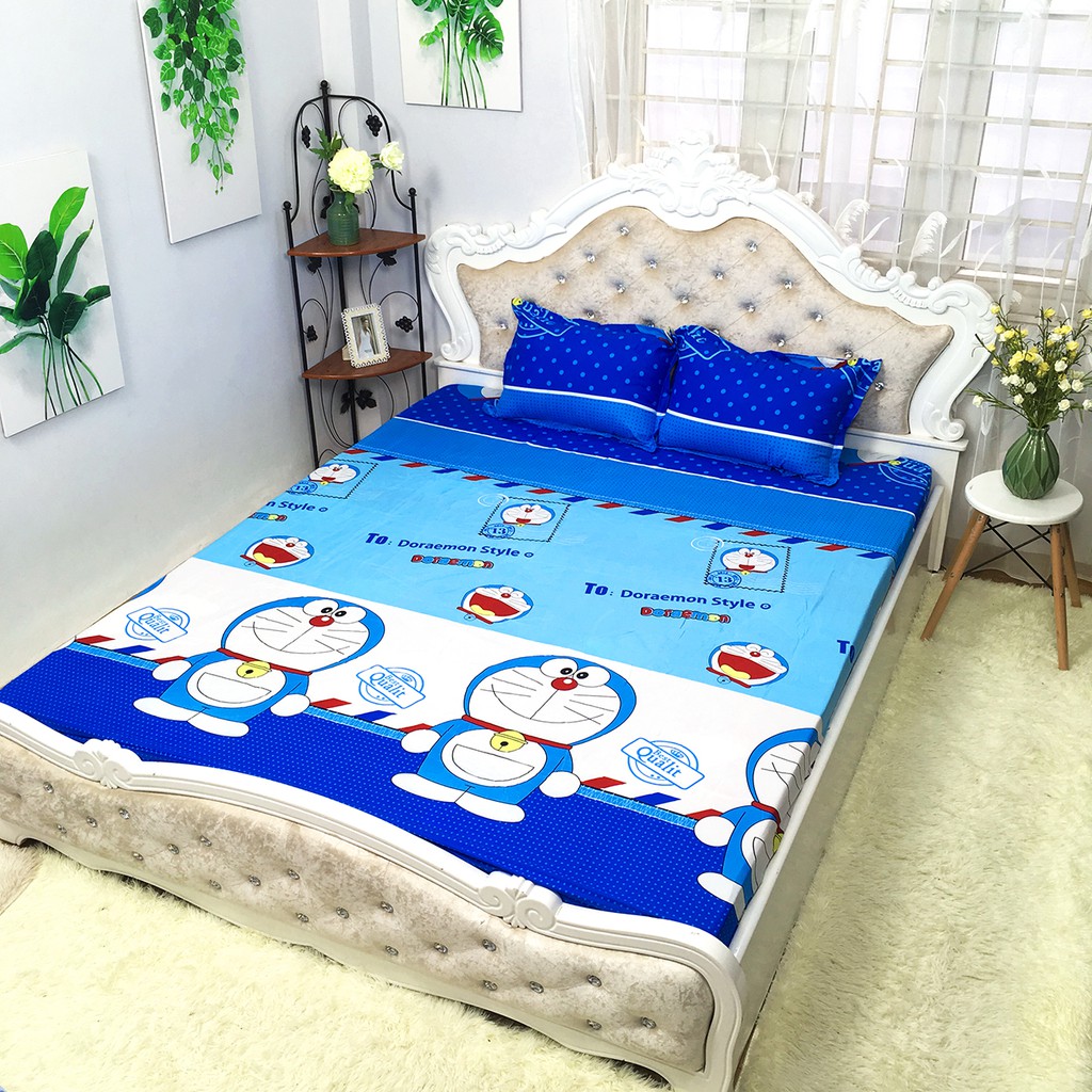 Combo 3 món ga và 2 vỏ gối chất poly cotton mềm mại thoáng mát mẫu doraemon tem thư - chăn ga gối giá rẻ