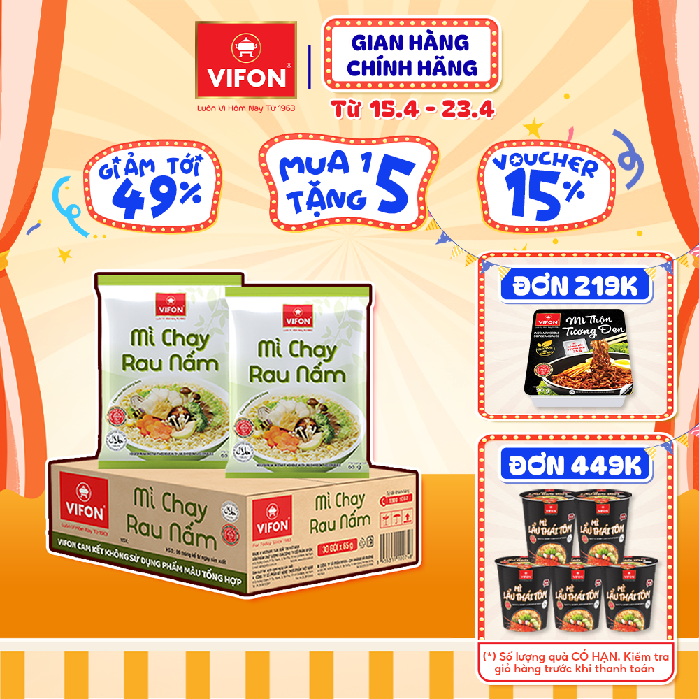 [VOUCHER đến 80K]-Thùng 30 gói Mì Chay Rau Nấm VIFON 65gr/Gói