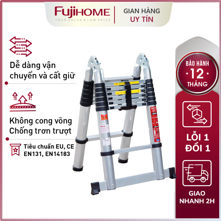 Thang nhôm rút chữ A gấp gọn Nhập Khẩu 4,4M - 5M chính hãng FUJIHOME, thang rút đôi xếp gọn gia đình