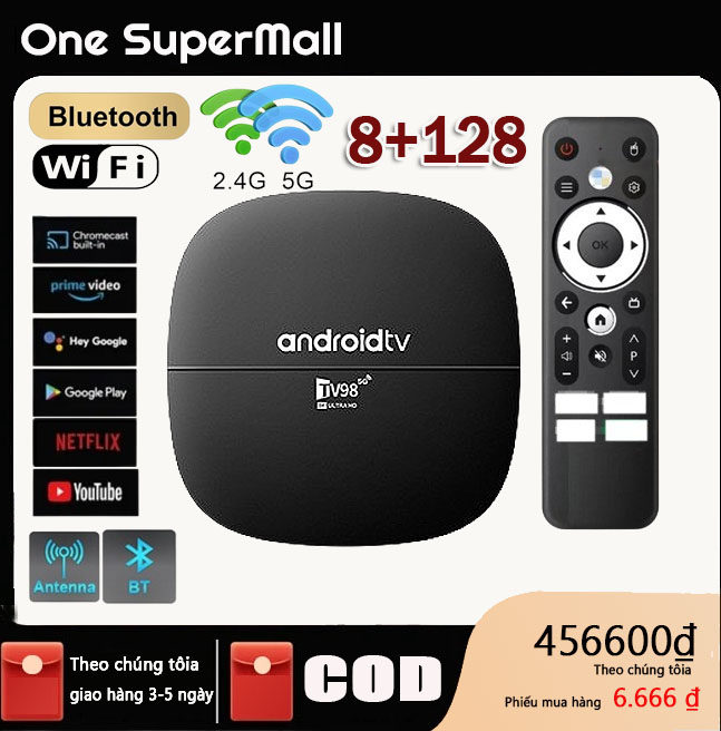 Android TV Box TV98 4K bản 16G+256GB Kết Nối Wifi 5G,Bluetooth 4.0, Bluetooth tần số đôi, Điều khiển từ xa bằng giọng nói, Xem YouTube vv.
