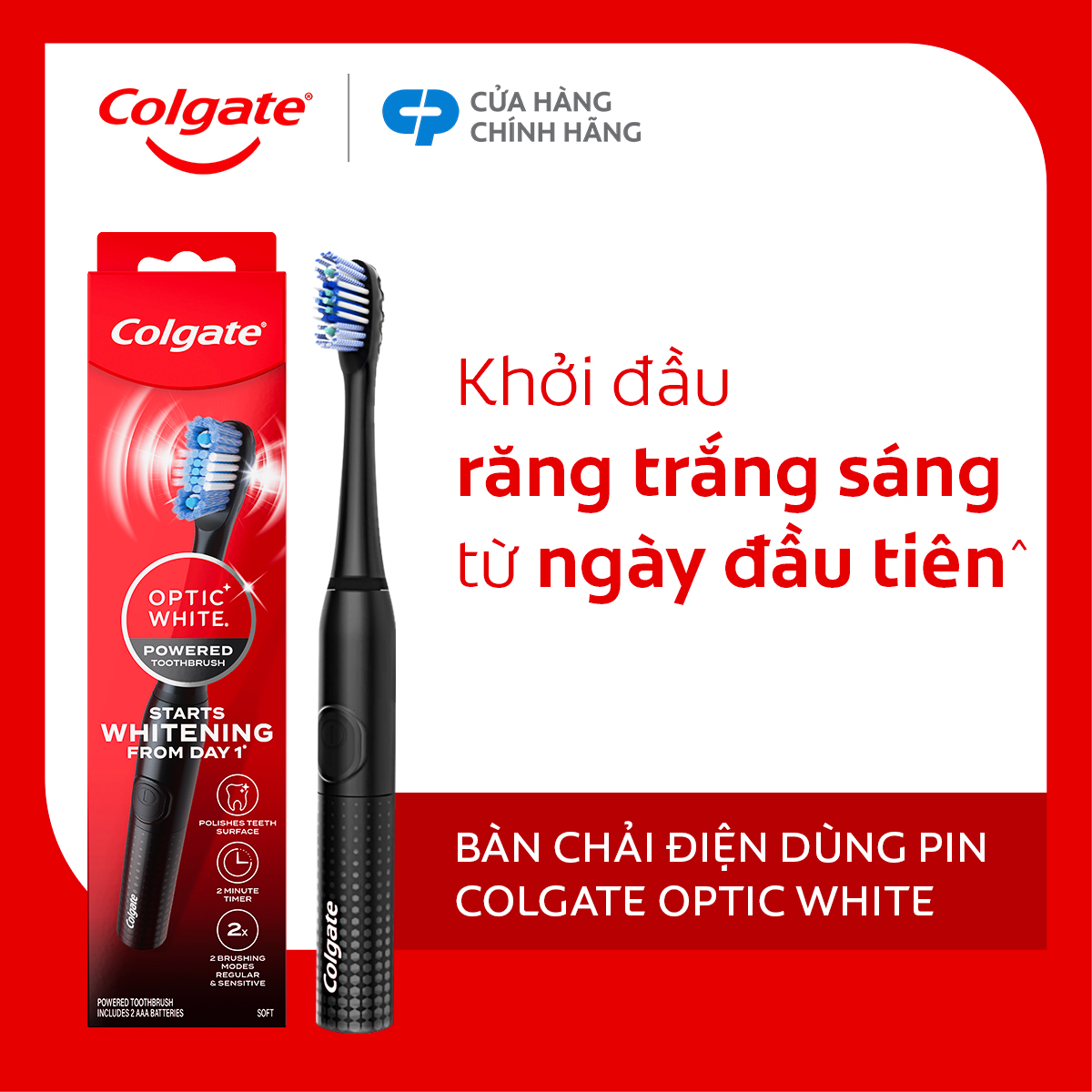 Bàn chải điện Colgate Optic White dùng pin, cho răng trắng sáng với công nghệ sóng âm