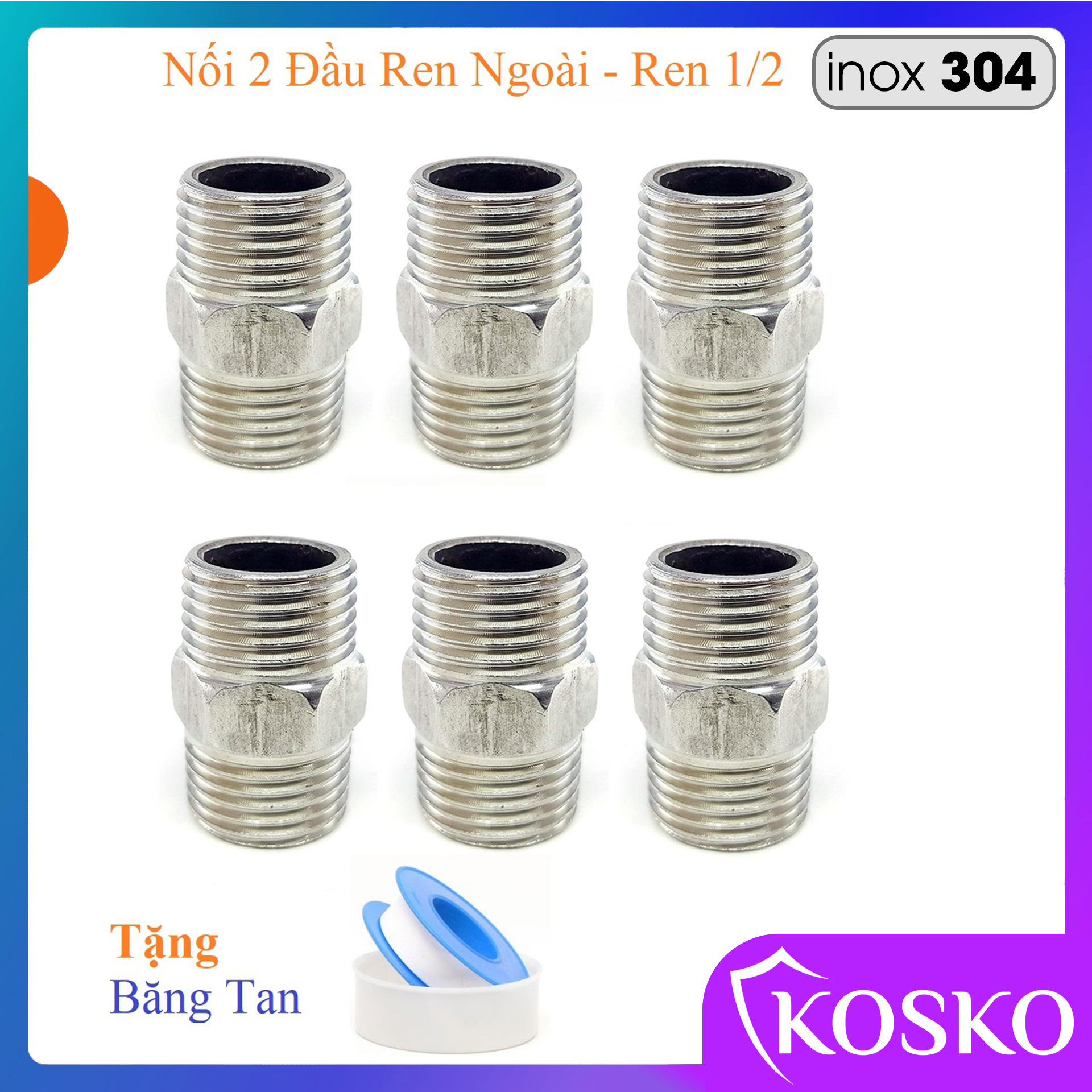 Bộ 6 nối 2 đầu ren ngoài inox, nối ren 2 đầu, kép nối inox ren 1/2 - Tặng kèm băng tan
