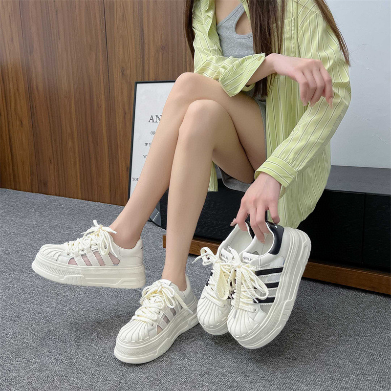 Giày nữ đế độn, giày sneaker nữ tăng chiều cao da pu kết hợp vải lưới thoáng khí kiểu dáng thể thao