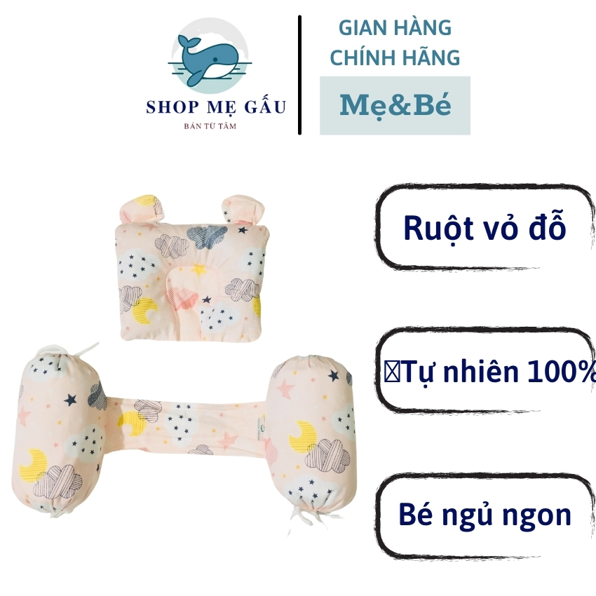 Gối chặn cho bé MONMON, gối chặn sơ sinh ruột vỏ đỗ xanh tự nhiên an toàn cho bé