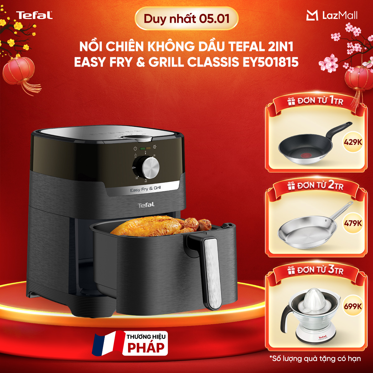   DEAL RẺ CHẠM SÀN MUA LÀ CÓ QUÀ  SỐ LƯỢNG CÓ HẠN  Nồi chiên không dầu Tefal 2in1 EY501815 - 4.6L - Cơ 
