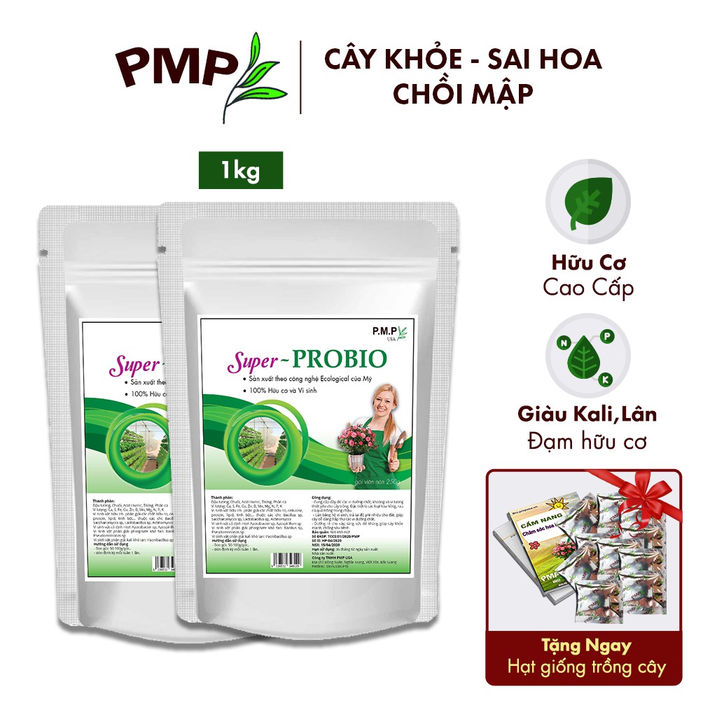 Combo 2 túi phân bón hữu cơ vi sinh super probio pmp dạng viên nén, chuyên dụng cho hoa hồng, rau củ quả
