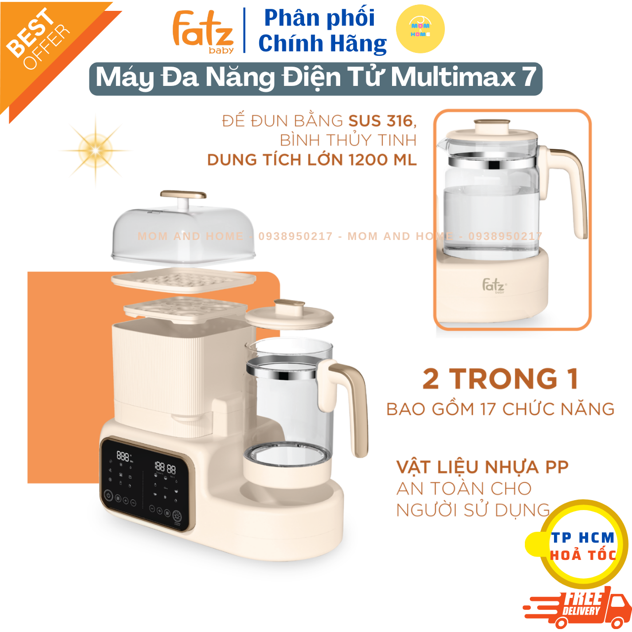 Máy đa năng tiệt trùng, sấy khô, hâm sữa, đun nước, nấu chậm, sấy hoa quả, ủ sữa chua multimax 7 - fatzbaby fb9302tn