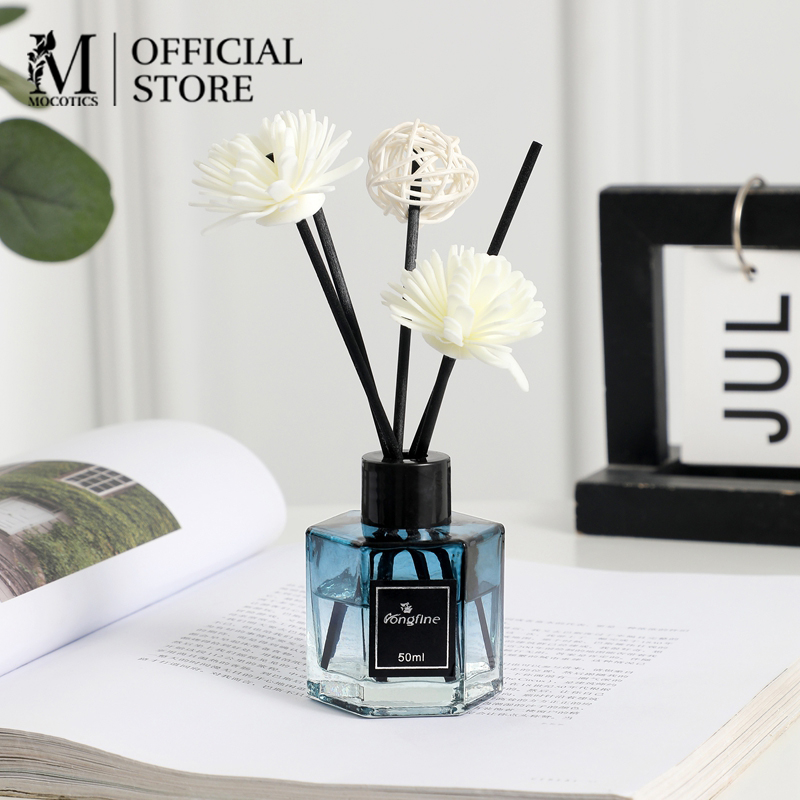 Tinh Dầu Nước Hoa Thơm Phòng Que Gỗ Tự Khuếch Tán và Hoa Trang Trí Khử Mùi Lọ Màu Xanh Cao Cấp Sang Trọng 50ML