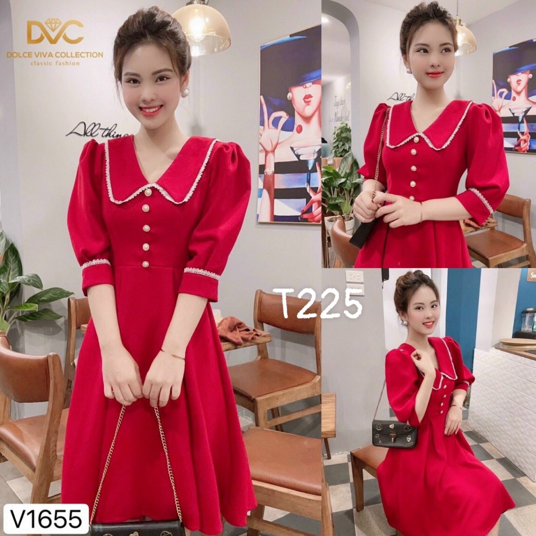 Đầm xoè cổ viền tay phồng đính ngọc quá đẹp chất liệu umi T225