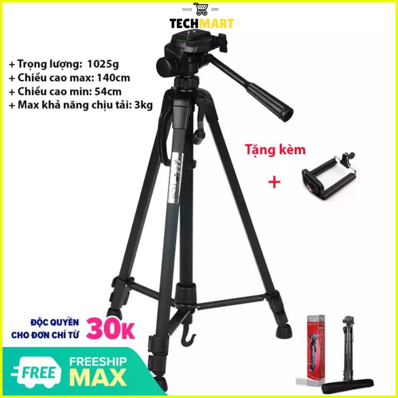Chân máy ảnh Tripod chụp hình 3 chân Weifeng WT-3520 khung nhôm, cao 140cm, chịu tải 3kg. Hỗ trợ chụp hình, quay phim, livestream chuyên nghiệp. Tặng kèm kẹp điện thoại