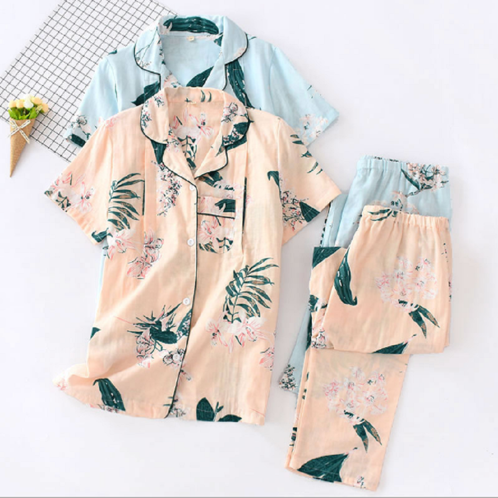 Bộ đồ PYJAMA bầu và sau sinh ngắn tay thô đũi mặc nhà mùa hè có cúc mở cho con bú tiện lợi chất mát AZ300320