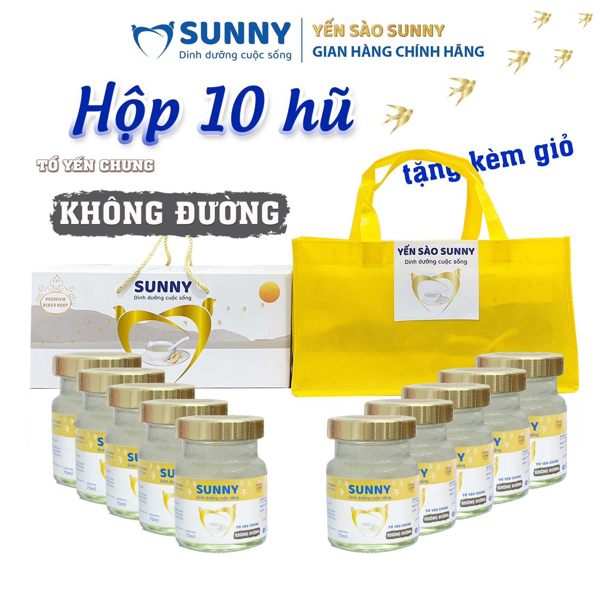Hộp 10 hũ yến không đường - yến khánh hòa chưng sẳn - 25% yến thô - 70ml/hũ - yến sào sunny