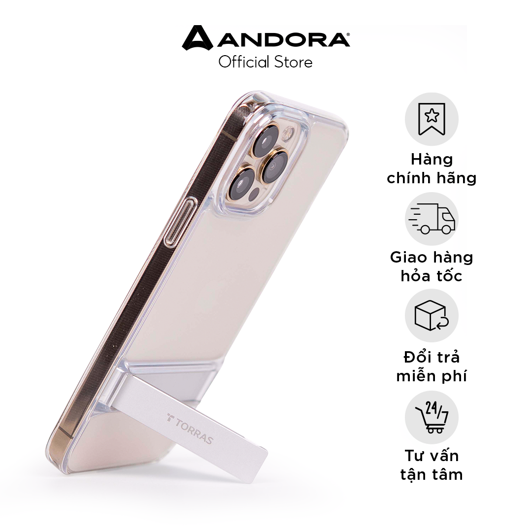 Ốp lưng chính hãng Torras Upro Clear Case trong suốt cho iPhone 14 Series kèm chân đế kim loại kê điện thoại