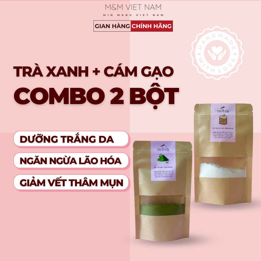 Combo bột trà xanh + bột cám gạo đắp mặt, tắm trắng, nguyên chất, hữu cơ, handmade, trắng da, mờ thâm sạm