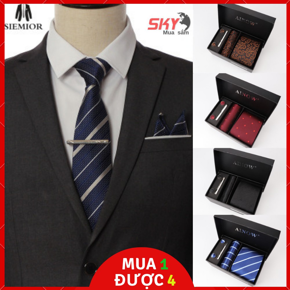 Cà vạt nam hộp quà tặng cao cấp + kẹp cavat + khuy măng cài áo + khăn tay