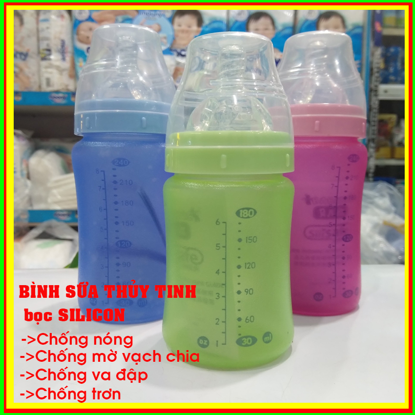 Bình sữa Thủy Tinh Bọc silicon Anh Quốc BABISILK chống nóng, chống va đâp, chống mờ vạch chia ml, bình sữa thủy tinh cho bé(poloma baby)