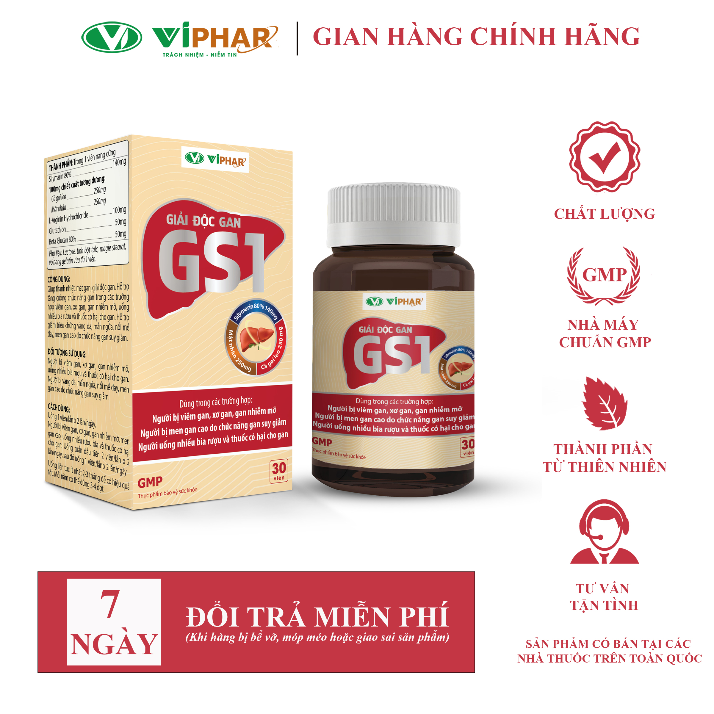 Viên giải độc gan gs1 viphar giúp bổ gan, giải độc, hạ men gan, viêm gan, gan nhiễm mỡ, hộp 30 viên