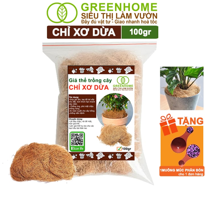 Chỉ xơ dừa greenhome, bao 100gr, chuyên dùng giá thể trồng lan, kiểng lá, đắp gốc giữ ẩm cây trồng