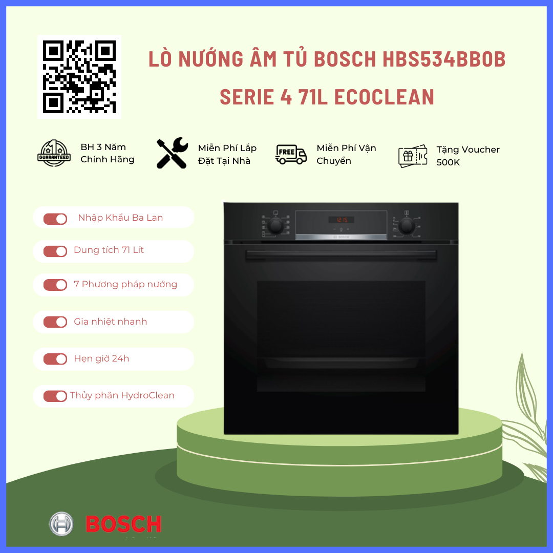 Lò nướng âm tủ bosch hbs534bb0b serie 4 71l ecoclean - 9 chức năng nướng - nhập khẩu châu âu - hàng chính hãng