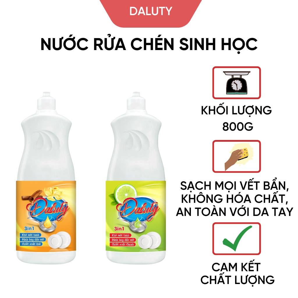 Nước rửa chén bát sinh học DALUTY 800ml an toàn cho da tay