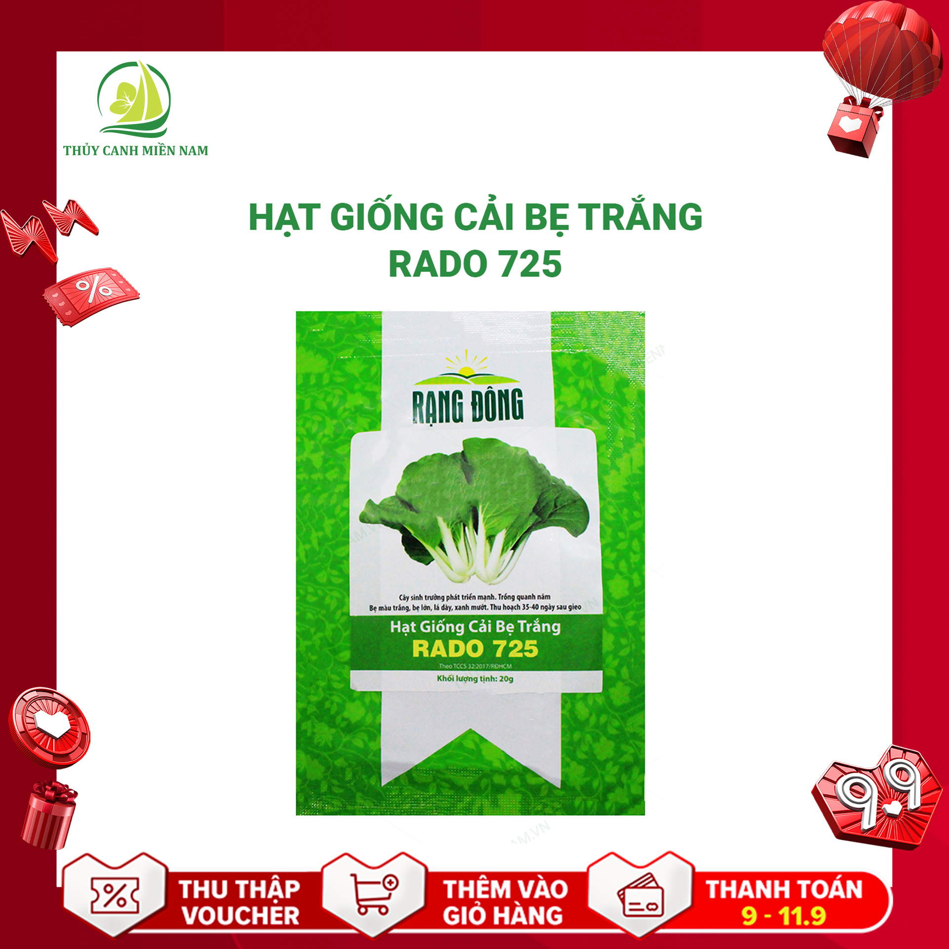 [Có hướng dẫn ươm] Hạt giống cải bẹ trắng RADO 725 | Giống khoẻ, tỉ lệ nảy mầm đến 90% (20g)