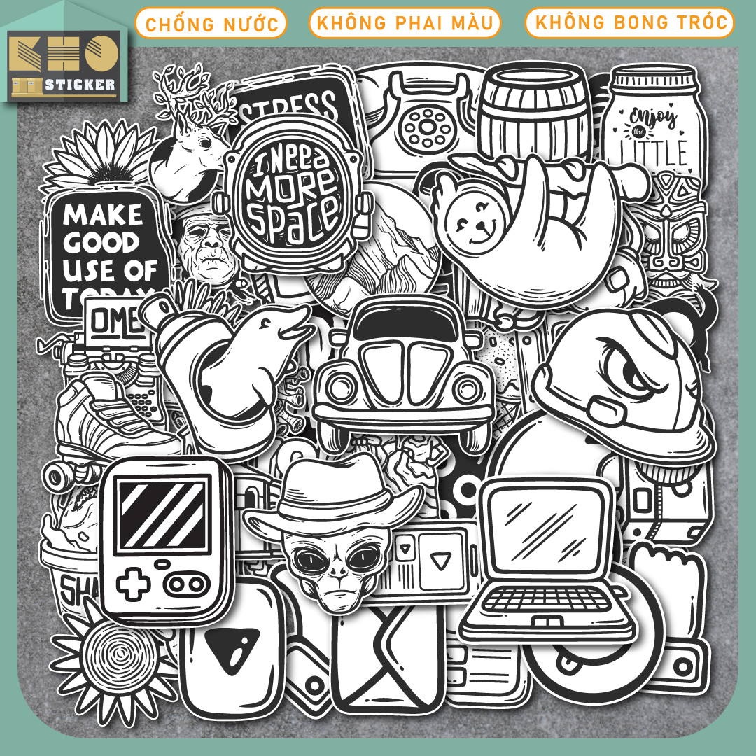 Sticker Trắng đen 2 chống nước sticker dán laptop, điện thoại, đàn guitar, mũ bảo hiểm, vali. MSP: C08