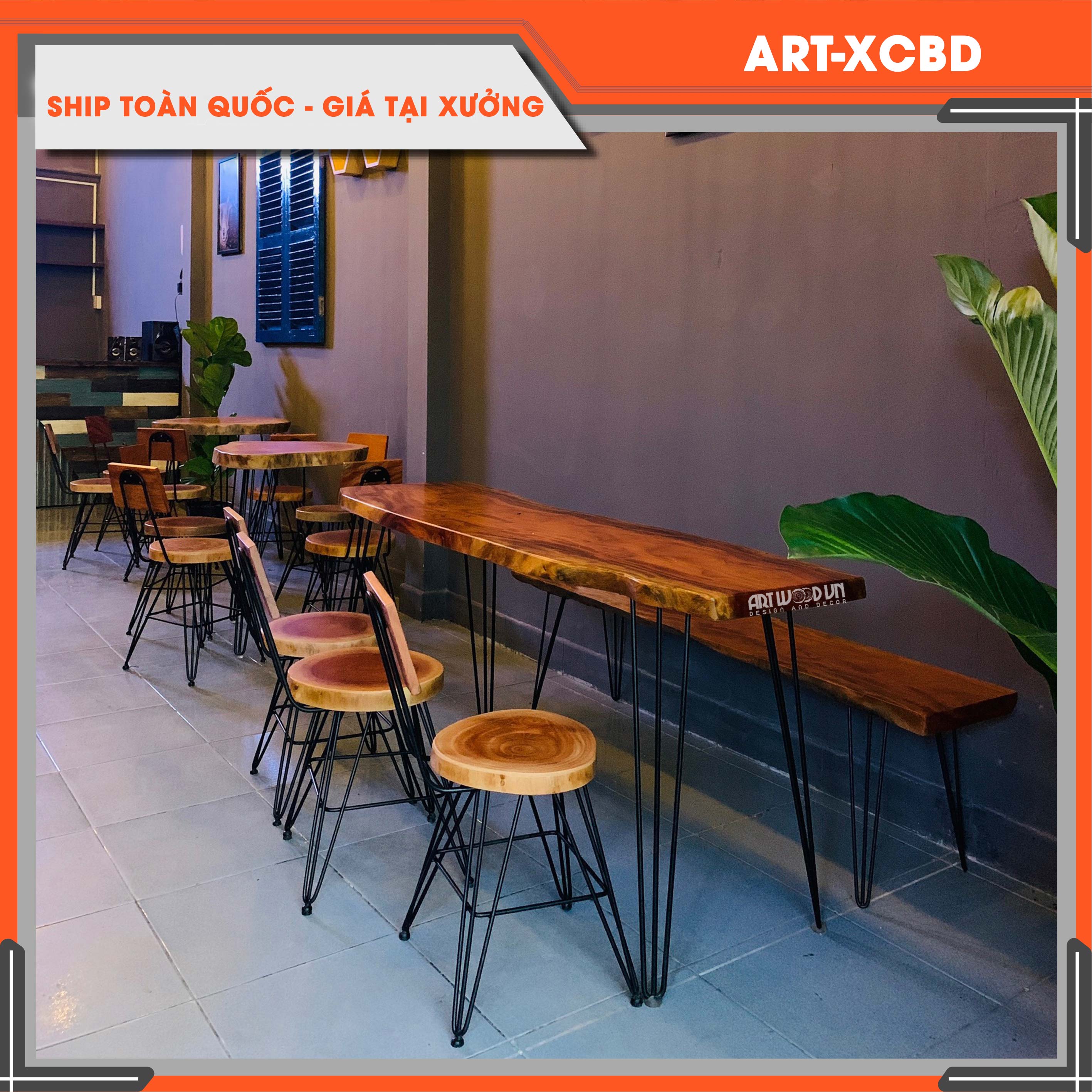 Ghế băng gỗ xà cừ tự nhiên nguyên tấm dài 1m49-1m60, chân sắt cao 40cm cho phòng khách, phòng ăn, cà phê, trà, ngoài trời