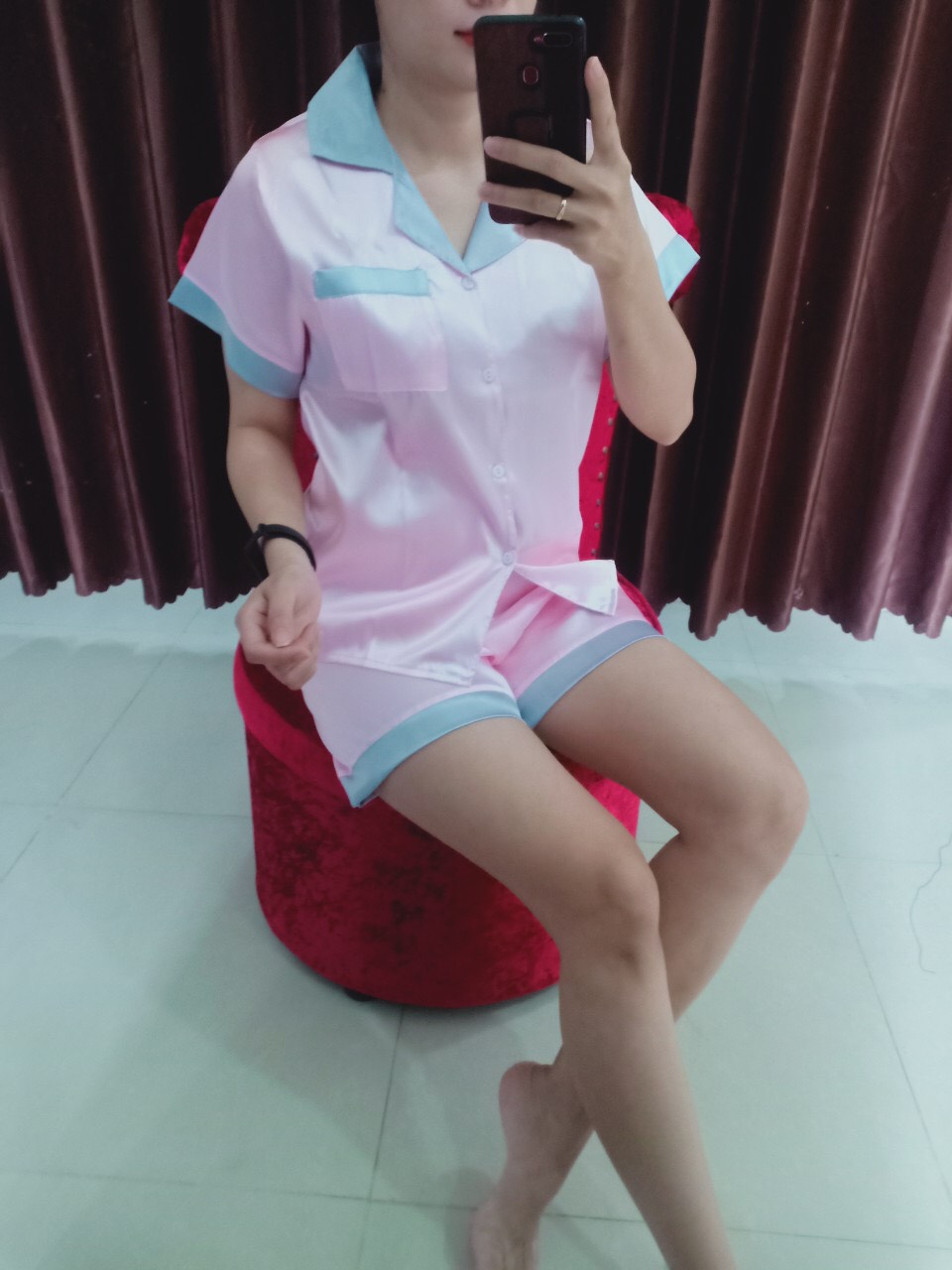Đồ bộ pijama phi lụa + quần đùi +vải phi lụa+ dưới 60kg-005