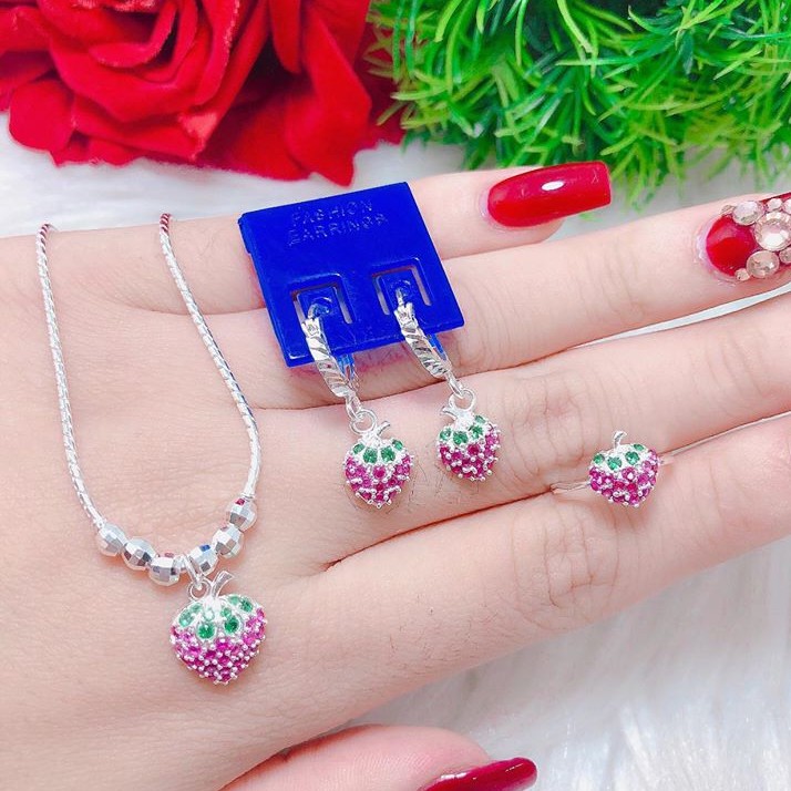 BỘ TRANG SỨC DÂU TÂY GỒM 3 MÓN CHO BÉ YÊU / Shop bạc BiBi cam kết bạc chuẩn, chất lượng kèm bảo hành
