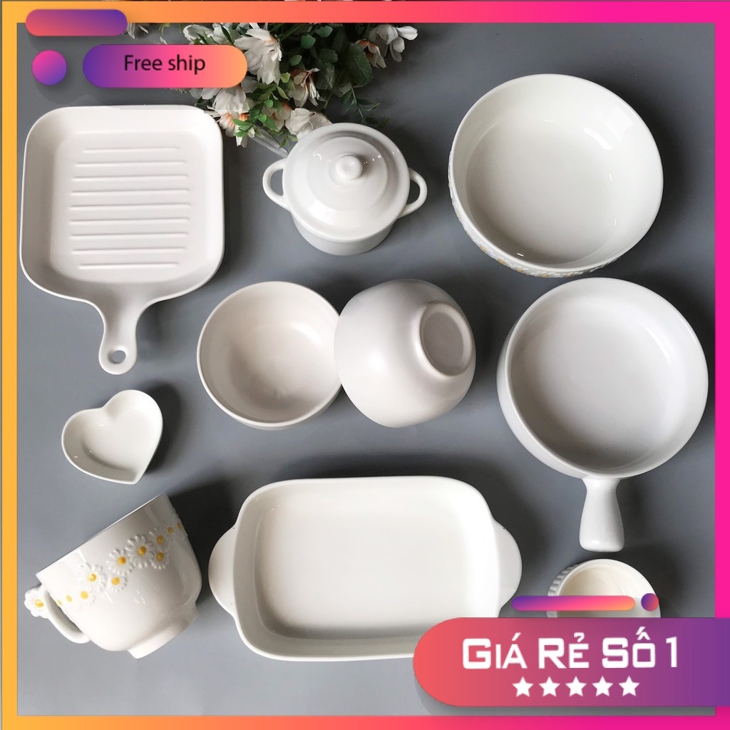 ☈  Chén Sứ Bát Ăn Cơm Bộ Bát Đĩa Decor Chén Dĩa Sứ Mầu Trắng Dễ Thương Cute Cao Cấp S20