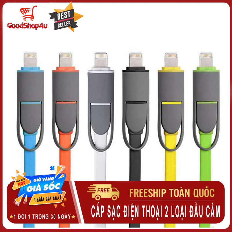 Cáp sạc đa năng 2 đầu chuẩn USB, lightning cho Iphone và Samsung