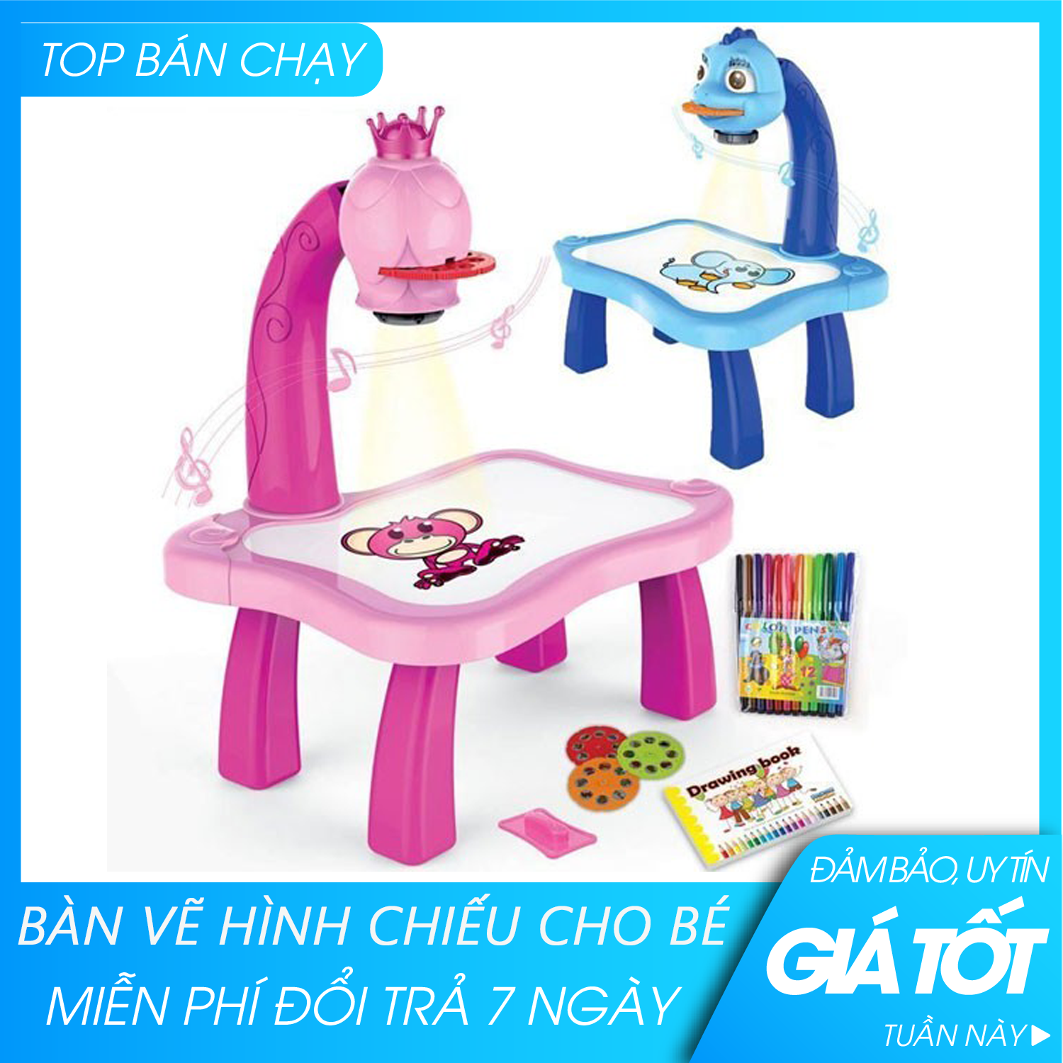 Bàn vẽ cho bé - Bàn vẽ đèn chiếu - Bàn vẽ có đèn chiếu thông minh cho bé tập học vẽ Projector Painting có nhạc 24 hình dùng pin AA , Bàn Học, Tập Tô, Vẽ Cho Bé Có Đèn Chiếu Sáng Thông Minh (Màu ngẫu nhiên)