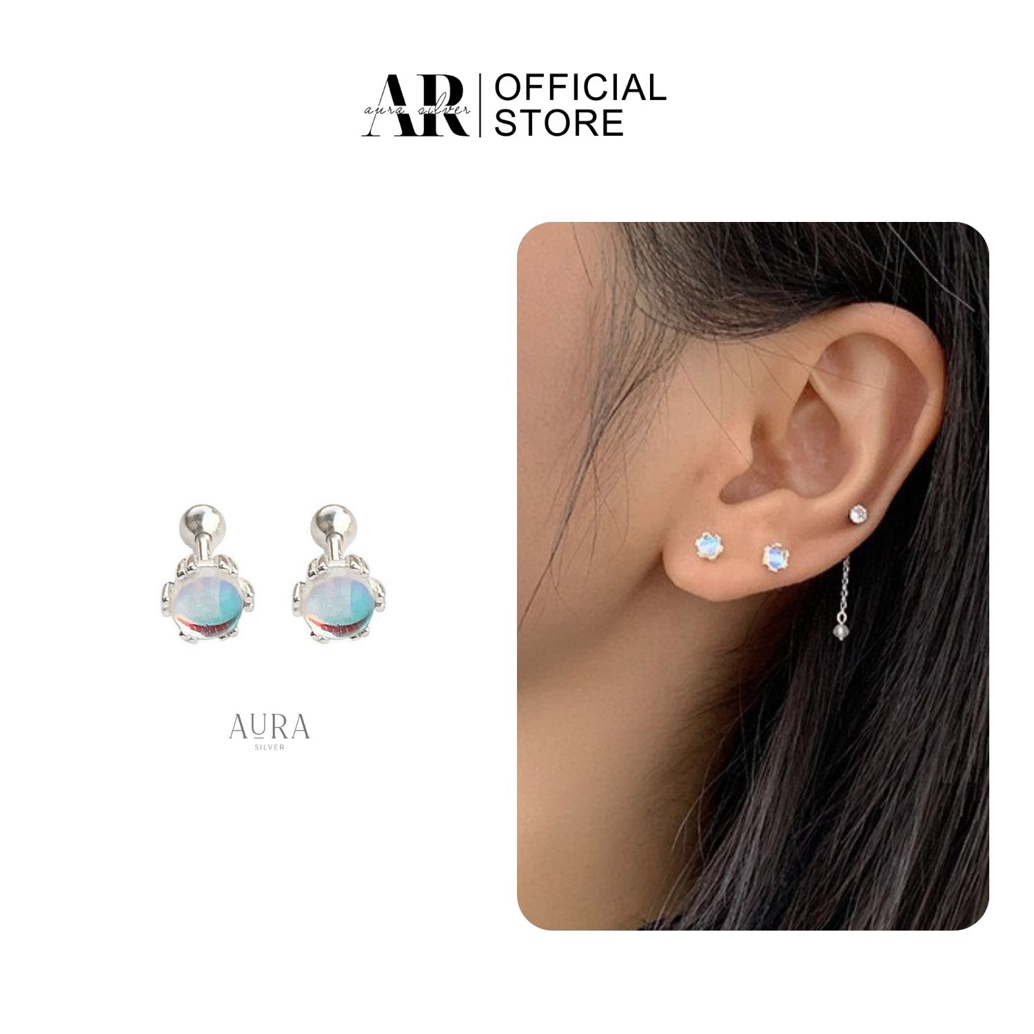 Bông tai bạc nữ khuyên tai đá tròn mặt trăng Moon Stone-KT50