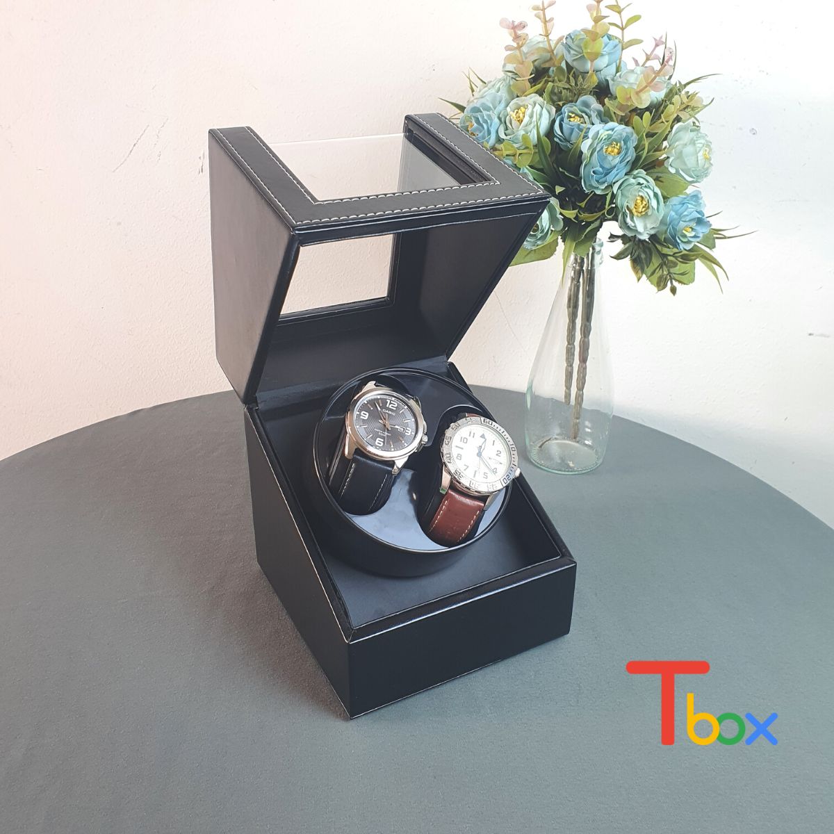 Hộp xoay đồng hồ cơ, hộp lên cót 2 đồng hồ bọc da đen với 2 chế độ sang trọng