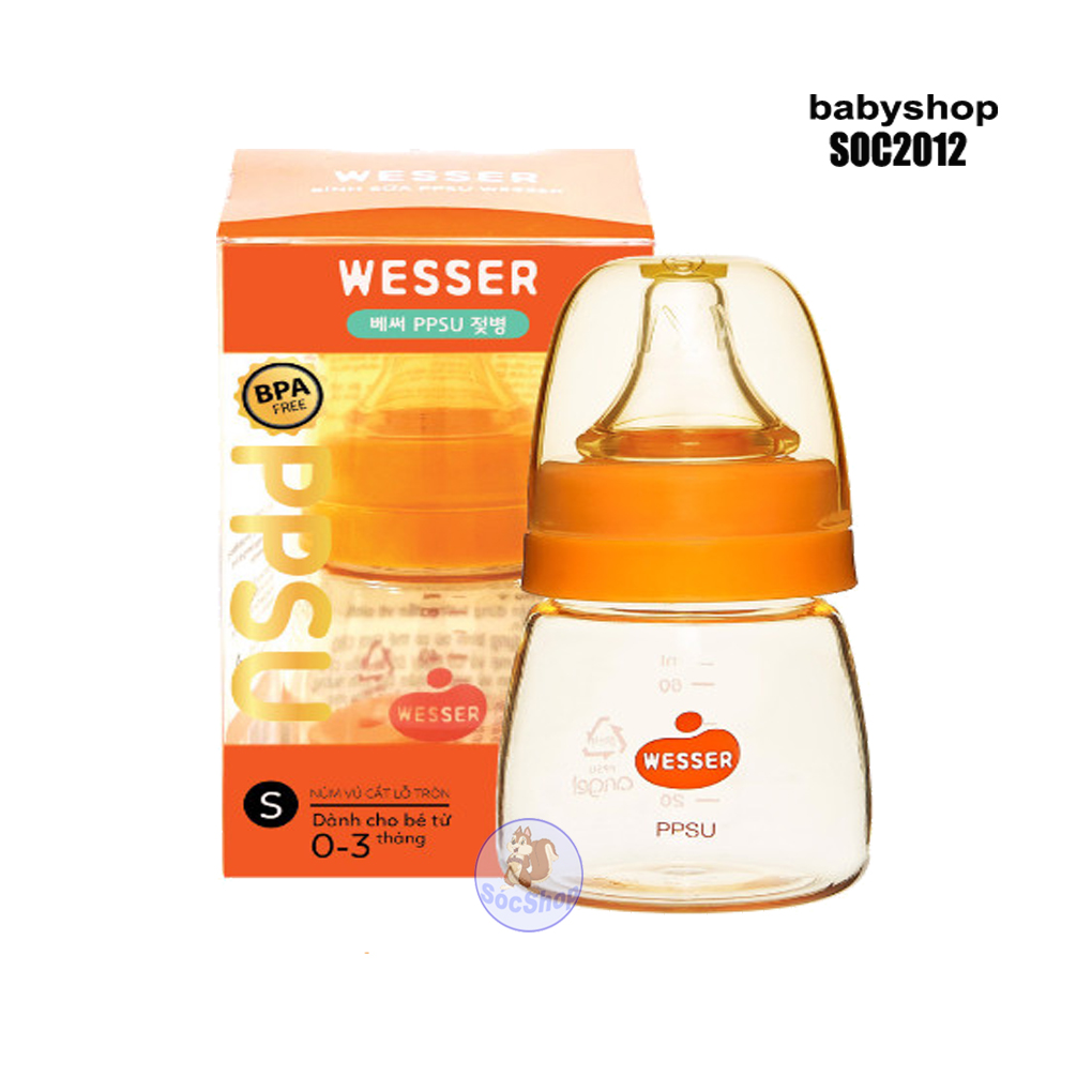 Bình sữa PPSU Wesser cổ thường 60ml núm đi kèm size S cho bé từ 0 tháng