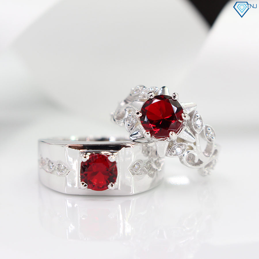 Nhẫn đôi bạc tình nhân nam nữ đính đá đỏ ND0265 - Trang Sức TNJ