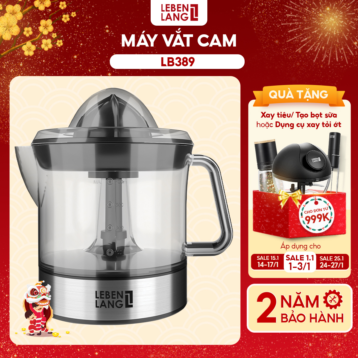 Máy vắt cam LEBENLANG LB389, 700ml, công suất 40W, bảo hành 2 năm - hàng chính hãng