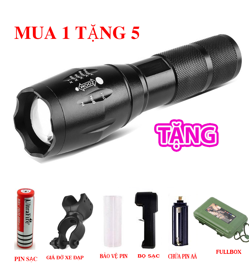 [MUA 1 TẶNG 5] Đèn pin siêu sáng police kèm giá chiếu xa 200m Led XML-T6 Pin có thể sạc nhiều lần 5 chế độ, có thể xa gần