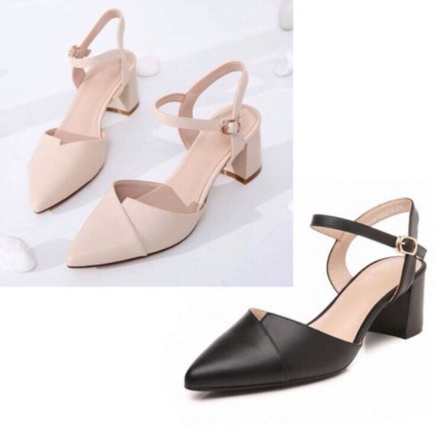 FREE SHIP giày cao gót / sandal cao gót 5p gót vuông mũi nhọn 2 màu đen kem