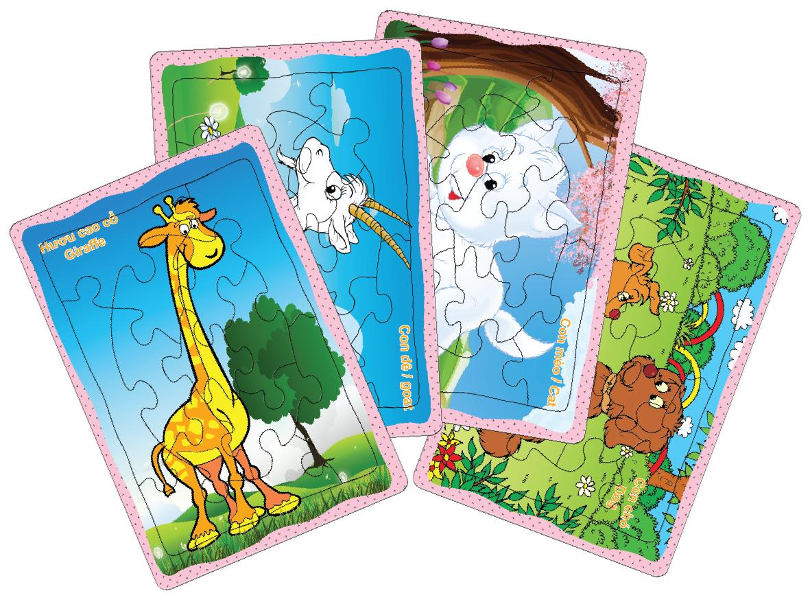 Bộ 4 Tranh Xếp Hình Mèo, Hưu cao cổ, Dê , Chó