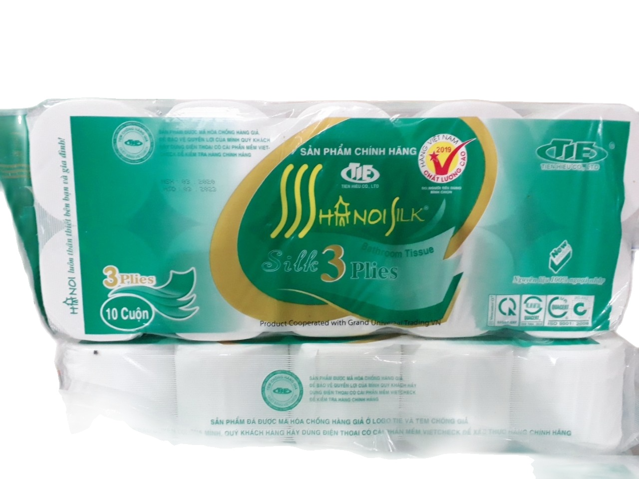 Giấy vệ sinh Hà Nội xanh không lõi, 10 cuộn, mỗi cuộn 3 lớp