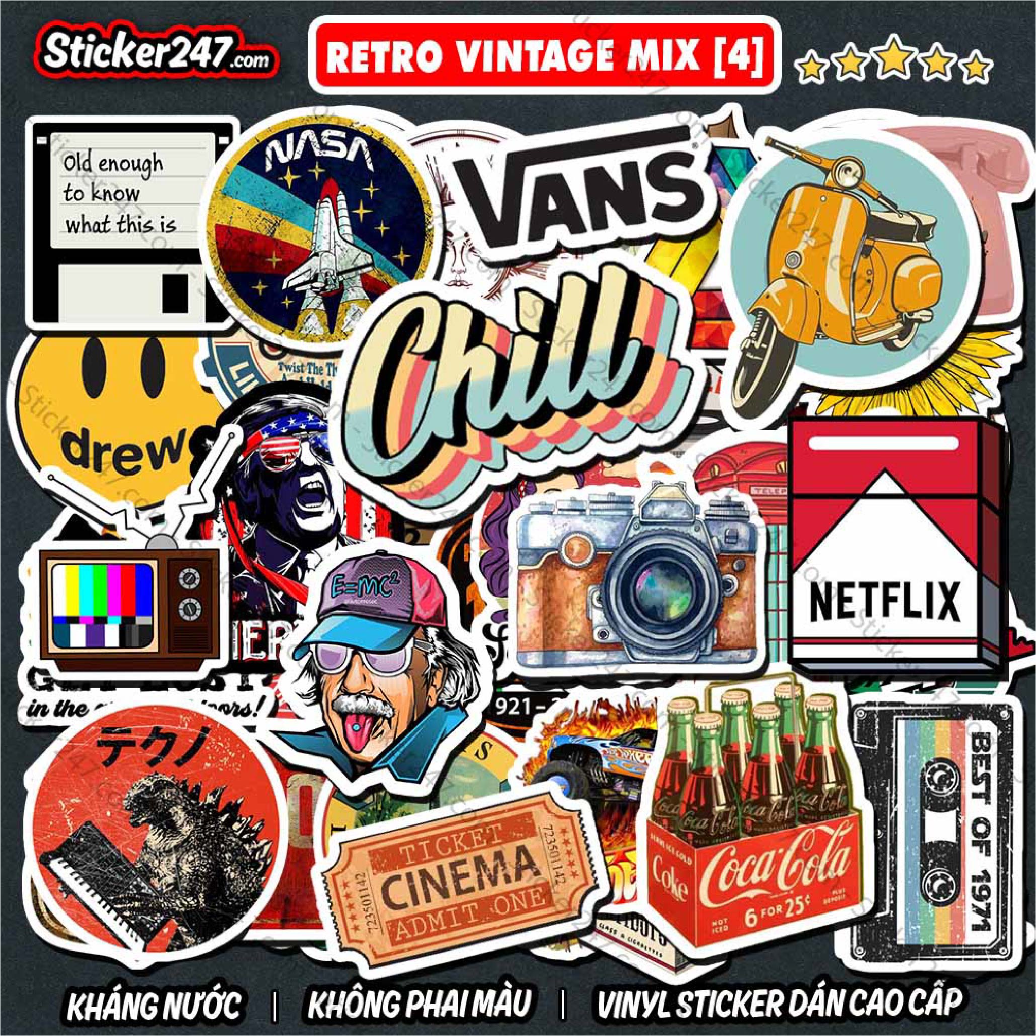 Sticker Retro Vintage Mix Chủ Đề 🌈𝑭𝒓𝒆𝒆𝒔𝒉𝒊𝒑 Chống Nước, Sticker Dán Mũ Bảo Hiểm, Vali, Đàn Guitar, Điện Thoại, Laptop