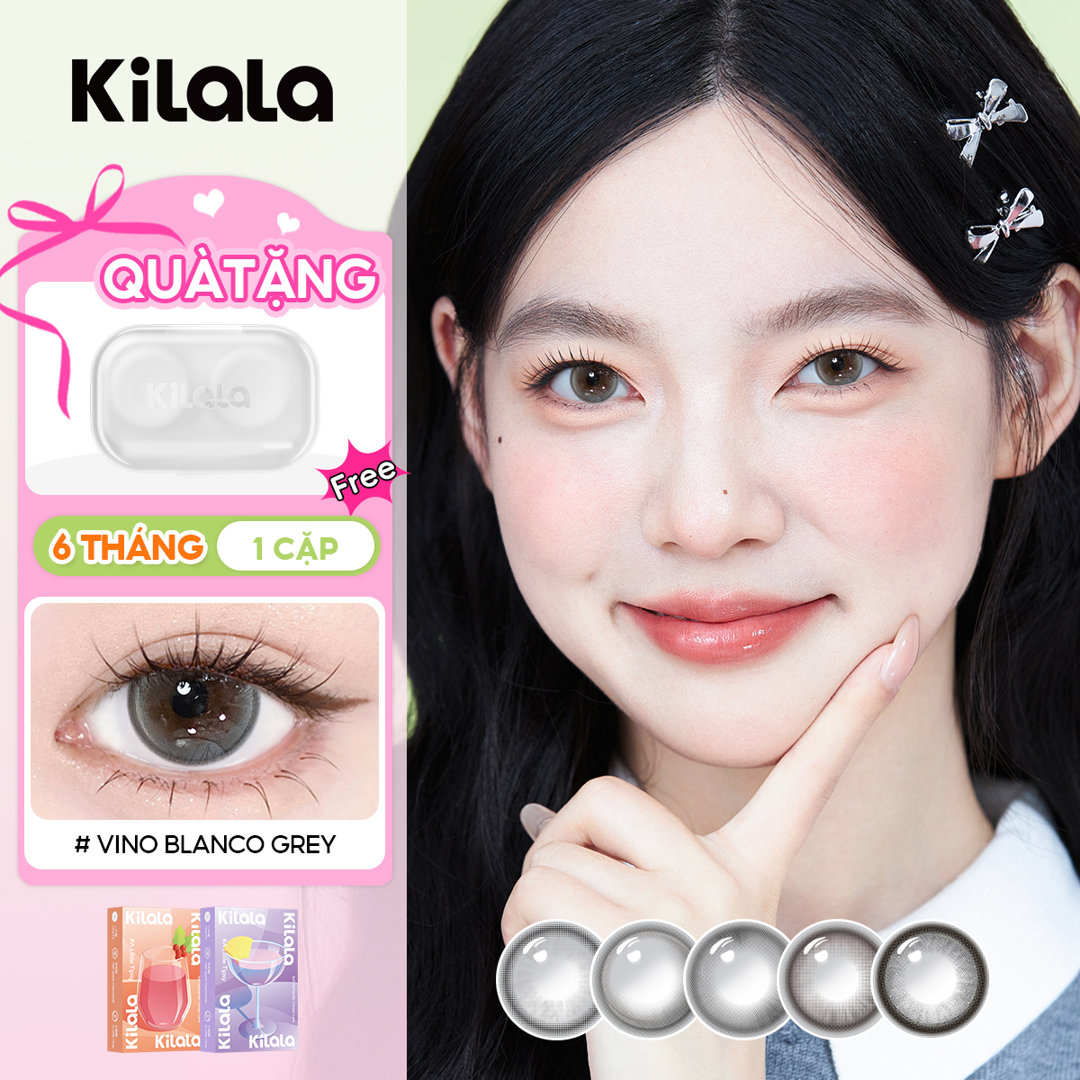 Kilala Kính áp tròng màu xám 6 tháng Vino Blanco Grey/Trail Grey DIA 14.2mm Kính áp tròng màu cận Lens xám có độ (0-8) 1 cặp