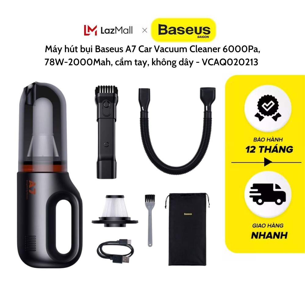 Máy hút bụi baseus a7 car vacuum cleaner 6000pa, 78w-2000mah, cầm tay, không dây - vcaq020213 – hàng chính hãng